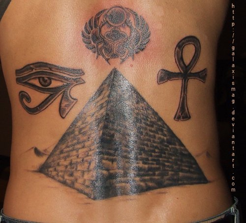 Grey Ink ankh, Pyramid And Eye of Horus Tattoo On Back